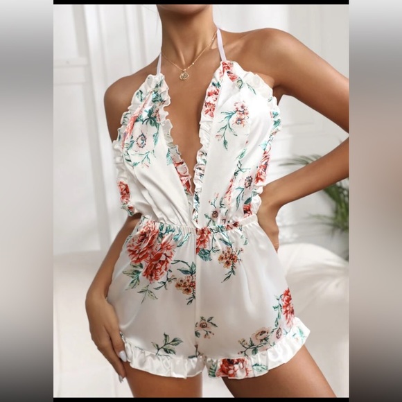 SHEIN | Intimates u0026 Sleepwear | Nwt Shein Floral Backless Satin Romper |  Poshmark